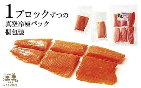 北海道産 サーモンのルイベ〈冷凍刺身〉＆切り身（塩）セット　お刺身用ブロック 6個　切り身3切れ　小分けの食べ切りサイズ個包装　純国産ブランドサーモン『江さしっ子 繁虎』　「浜のかあさん」手作り　活締め加工　新鮮真空パック冷凍　保存料不使用　北海道江差産トラウトサーモン　刺身　カルパッチョ　マリネ　塩鮭　焼き鮭