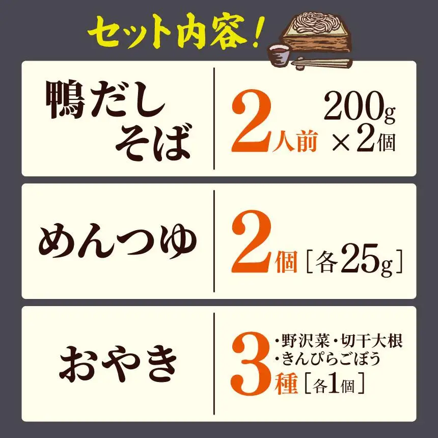 各務製粉の鴨だしせいろ2人前 おやき3種セット(めんつゆ付き)