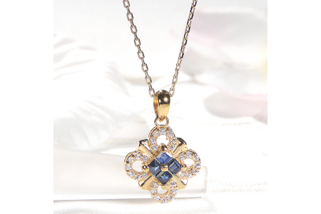 ネックレス K18YGイエローゴールド ダイヤモンド 0.15ct サファイア スクエア クローバー ペンダント 18金 菱形【f271-k18yg-bs】