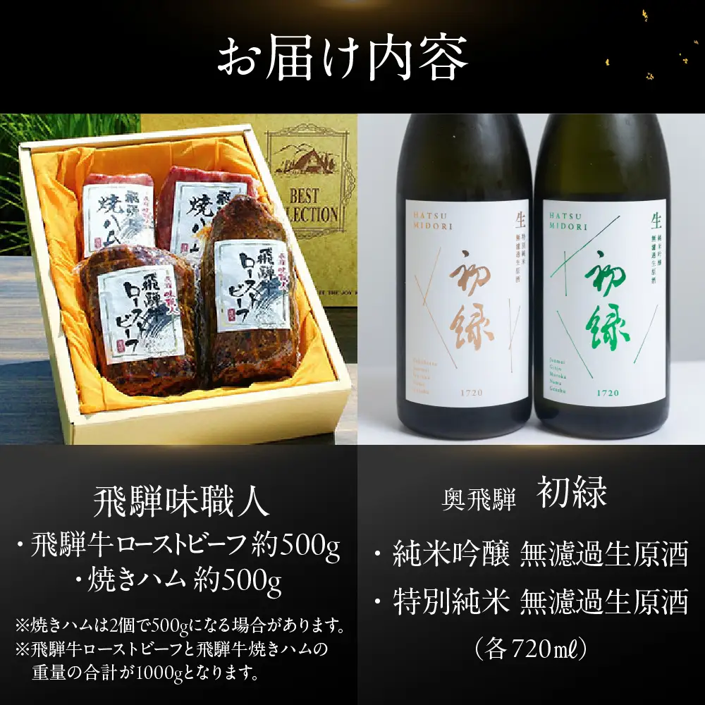【飛騨 味職人】飛騨牛ローストビーフ・焼きハムの詰め合わせ(計1000g)と【初緑】 無濾過生原酒2種セット(720ml×各1本) お酒 日本酒 純米吟醸 奥飛騨酒造 おさだ食品 飛騨牛 ハム おつまみ 晩酌 ギフト 下呂温泉【54-19】