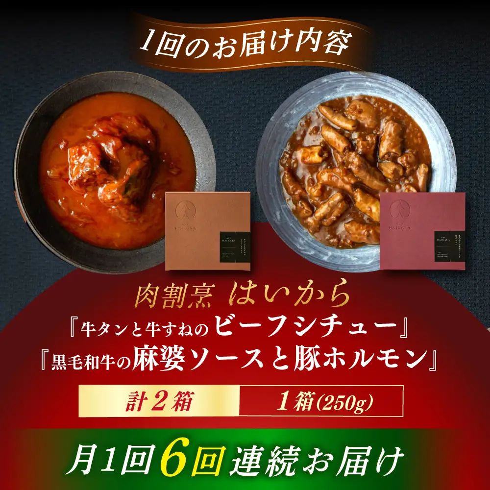 【6回定期便】『牛タンと牛すねのビーフシチュー』『黒毛和牛の麻婆ソースと豚ホルモン』[AUFI027]レトルトレトルトレトルトレトルトレトルト
