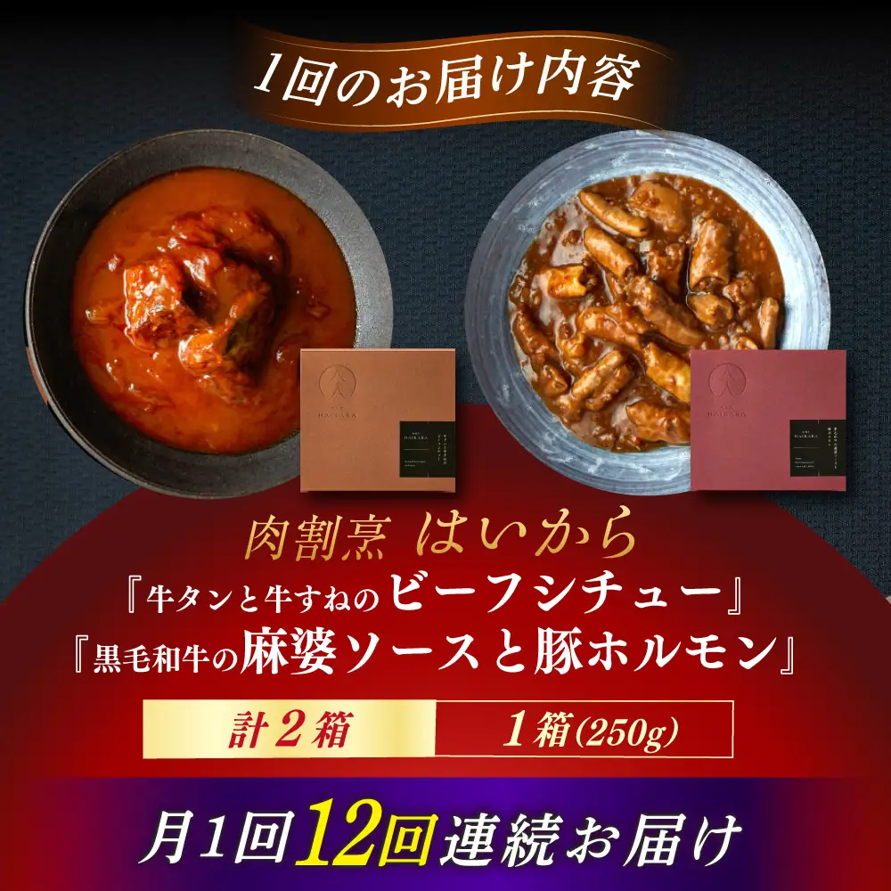 【12回定期便】『牛タンと牛すねのビーフシチュー』『黒毛和牛の麻婆ソースと豚ホルモン』[AUFI028]レトルトレトルトレトルトレトルトレトルト
