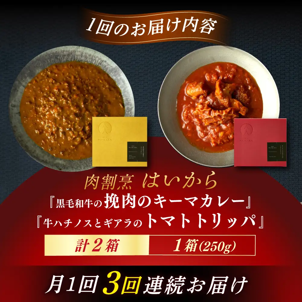 【3回定期便】『黒毛和牛の挽肉のキーマカレー』『牛ハチノスとギアラのトマトトリッパ』[AUFI044]レトルトレトルトレトルトレトルトレトルト