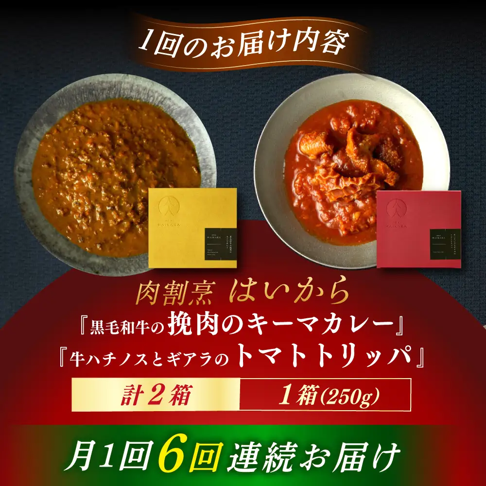 【6回定期便】『黒毛和牛の挽肉のキーマカレー』『牛ハチノスとギアラのトマトトリッパ』[AUFI045]レトルトレトルトレトルトレトルトレトルト