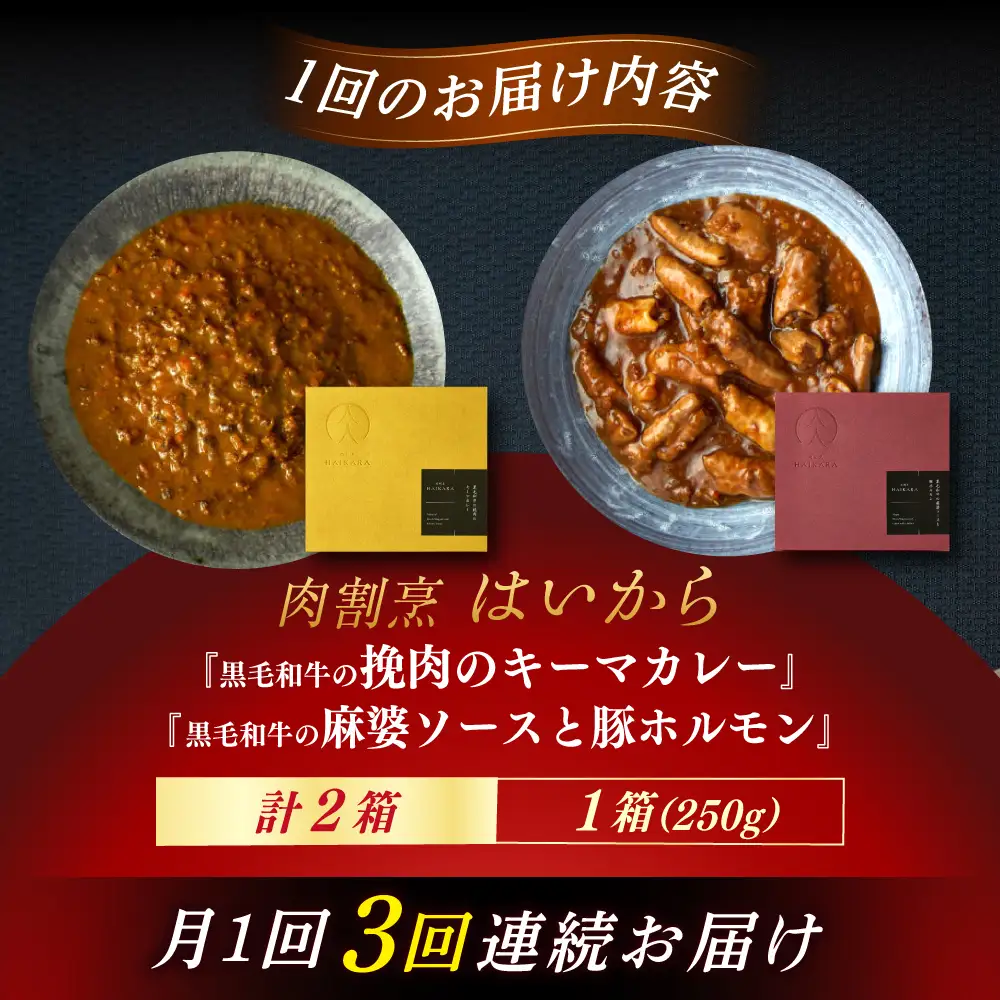 【3回定期便】『黒毛和牛の挽肉のキーマカレー』『黒毛和牛の麻婆ソースと豚ホルモン』[AUFI047]レトルトレトルトレトルトレトルトレトルト