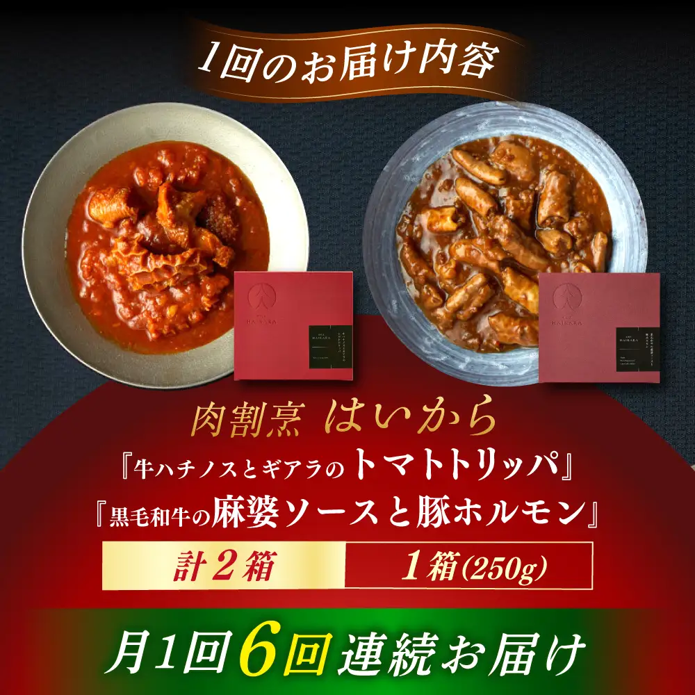 【6回定期便】『牛ハチノスとギアラのトマトトリッパ』『黒毛和牛の麻婆ソースと豚ホルモン』[AUFI051]レトルトレトルトレトルトレトルトレトルト