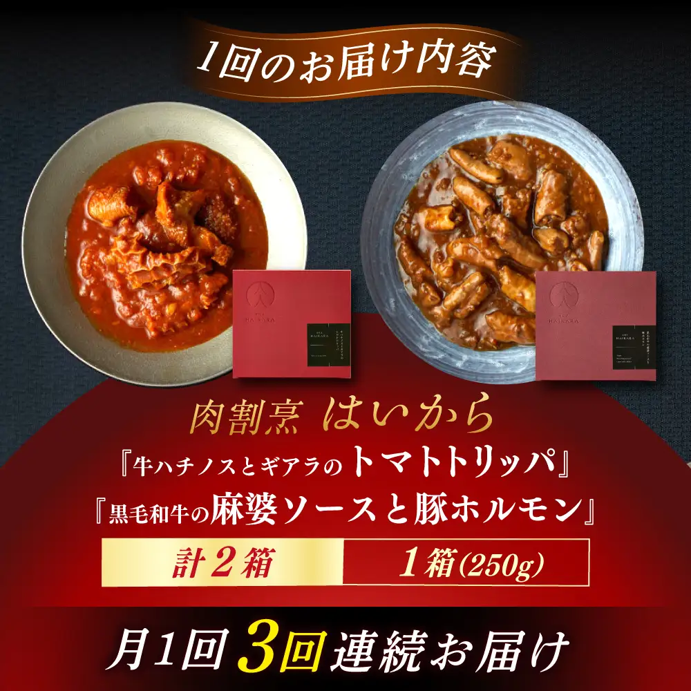 【3回定期便】『牛ハチノスとギアラのトマトトリッパ』『黒毛和牛の麻婆ソースと豚ホルモン』[AUFI050]レトルトレトルトレトルトレトルトレトルト