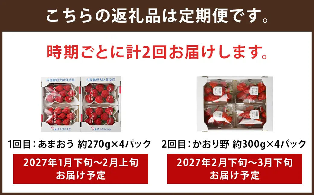 【全2回定期便】数量限定 フルーツ定期便 いちご 2品種 食べ比べ （ あまおう ・ かおり野 ） 合計約2.28kg 【2027年1月下旬から3月下旬まで順次発送予定】