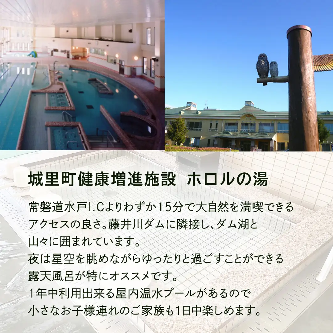 ホロルの湯 招待券 3枚 温泉 大浴場 利用券 回数券 チケット 家族で楽しむ 家族 子供 親子 癒し 休日 夏休み 冬休み 春休み 休み 日帰り温泉 おんせん アルカリ性 ふるさと納税 茨城 城里 (BG002)