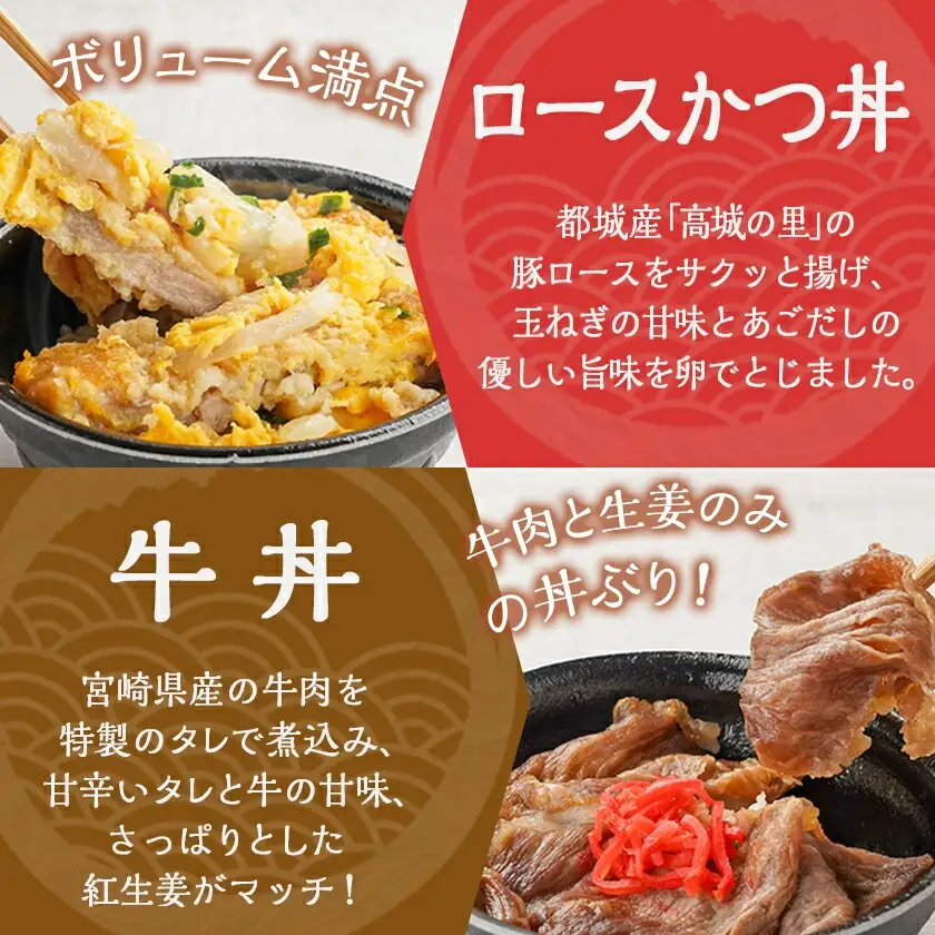 宮崎肉丼4種≪ロースかつ丼・牛丼・そぼろ丼・豚丼≫〔MJ-F712〕_(都城市) 丼物 冷凍 牛肉 鶏肉 豚肉 かつ丼 牛丼 そぼろ丼 豚丼 簡単調理 仕送り 手作り 手軽 簡単 