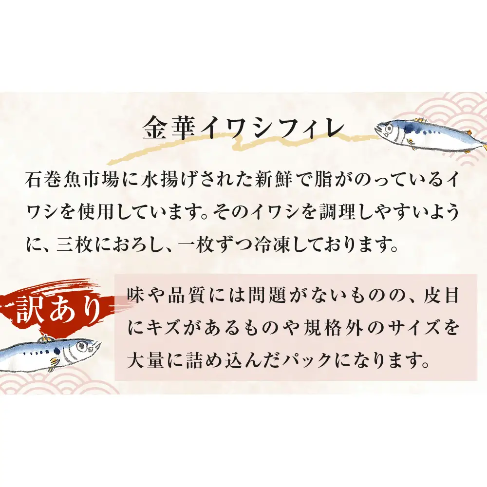 訳あり 金華 イワシ フィレ 1.5kg ( 500g × 3P ) 宮城県産 いわし 鰯 フィーレ 冷凍 魚 青魚 切身 わけあり 規格外 ご家庭用 国産 鰯フィレ イワシフィーレ 切り身 バラバラ冷凍 宮城県 石巻市