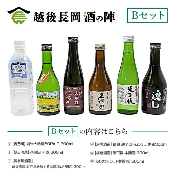 A0-SJ-26【Bセット】おうちで越後長岡酒の陣セット300ml×5本+和らぎ水（中村商店）