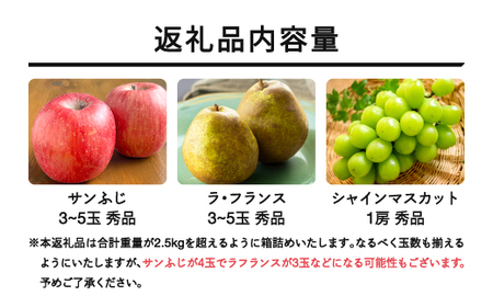 先行予約 山形秋果実満喫セット ラ・フランス サンふじ シャインマスカット 秀品 詰め合わせ 2.5kg 化粧箱入り 2026年産 令和8年産 山形県産 ラフランス 西洋梨 洋梨 梨 りんご リンゴ ぶどう ブドウ 葡萄 果物 フルーツ セット アソート 詰合せ 送料無料 ※沖縄・離島への配送不可 ns-fsrls2500