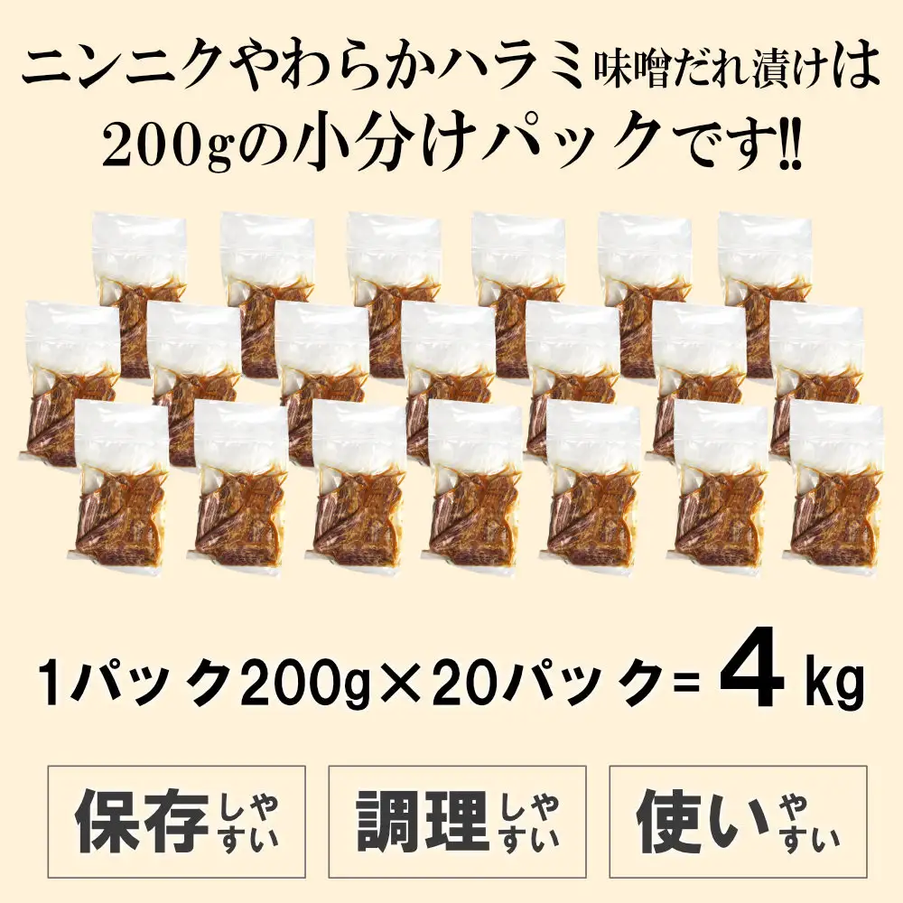 ガツンとにんにくやわらかハラミ味噌だれ漬け4kg（200g×20）