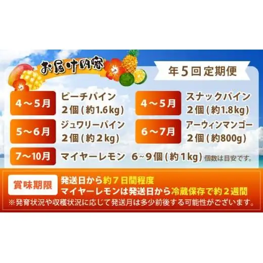 島のおいしいを贅沢に！大満足のパイナップル3種とマンゴー、マイヤーレモンの定期便　年5回に分けてお送りします 《2027年4月中旬以降発送》