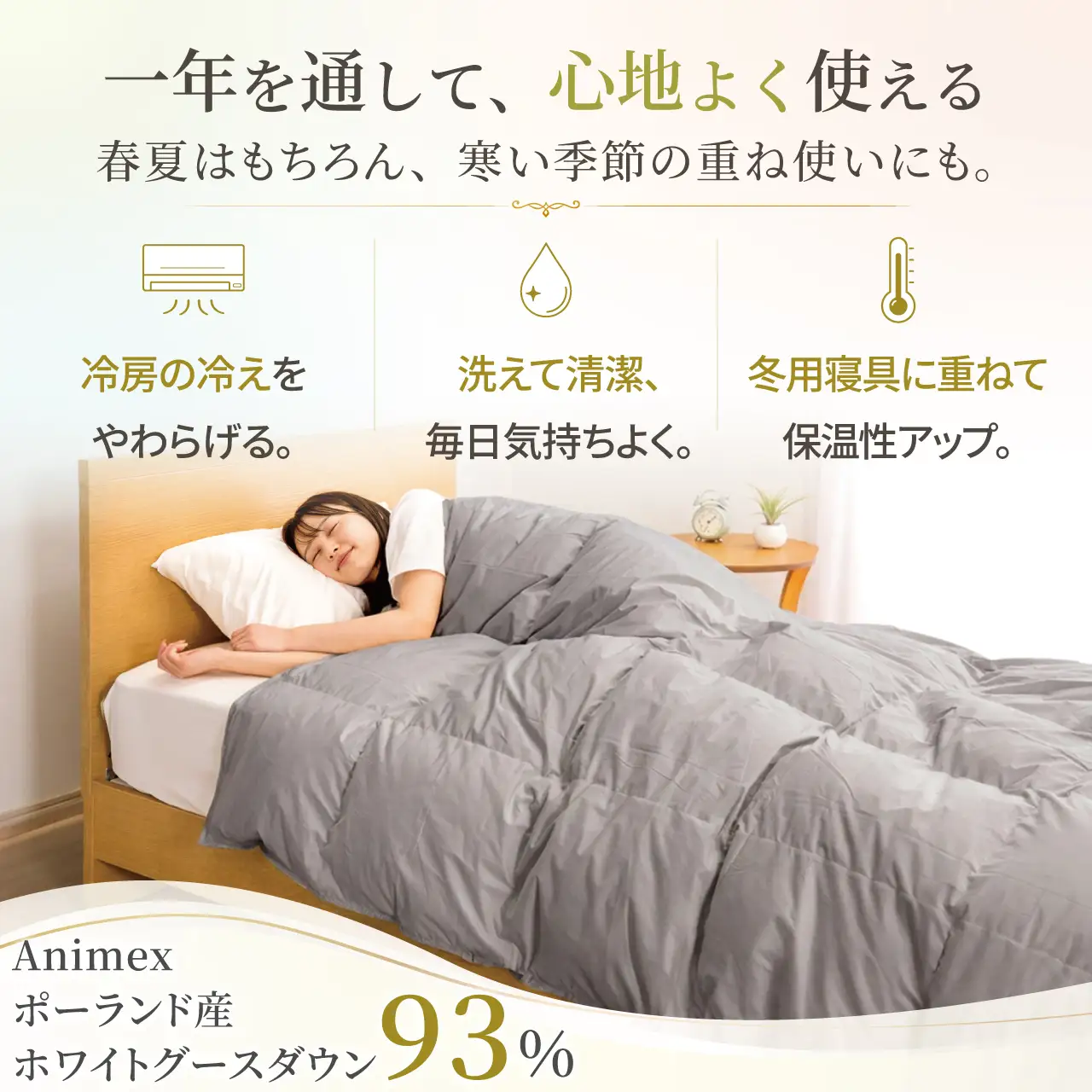 【春夏用】洗える! 肌掛け 羽毛布団 ダウンケット ダブル ホワイトグースダウン93% 0.5kg 抗菌防臭 無地 グレー