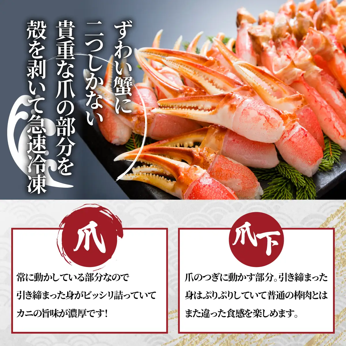 総重量2㎏　生冷凍本ずわい蟹爪・爪下セット　各1㎏で使い分け便利 ABE118