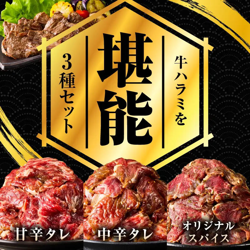 【満足牛ハラミ】3種セット （甘辛タレ漬け・中辛タレ漬け・オリジナルスパイス仕込み） 合計1.5kg 