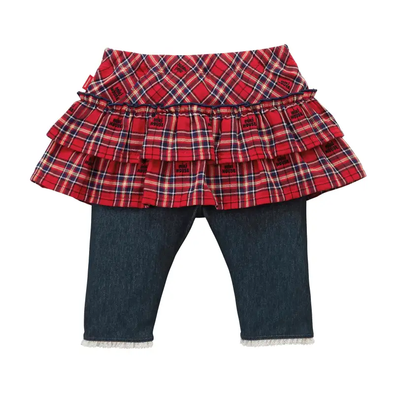 【ミキハウス】チェックスカート付き8分丈パンツ　赤・90cm　（48-13-R-90）こども 子ども服 子ども 子供 子供服 播州織 mikihouse ミキハウス