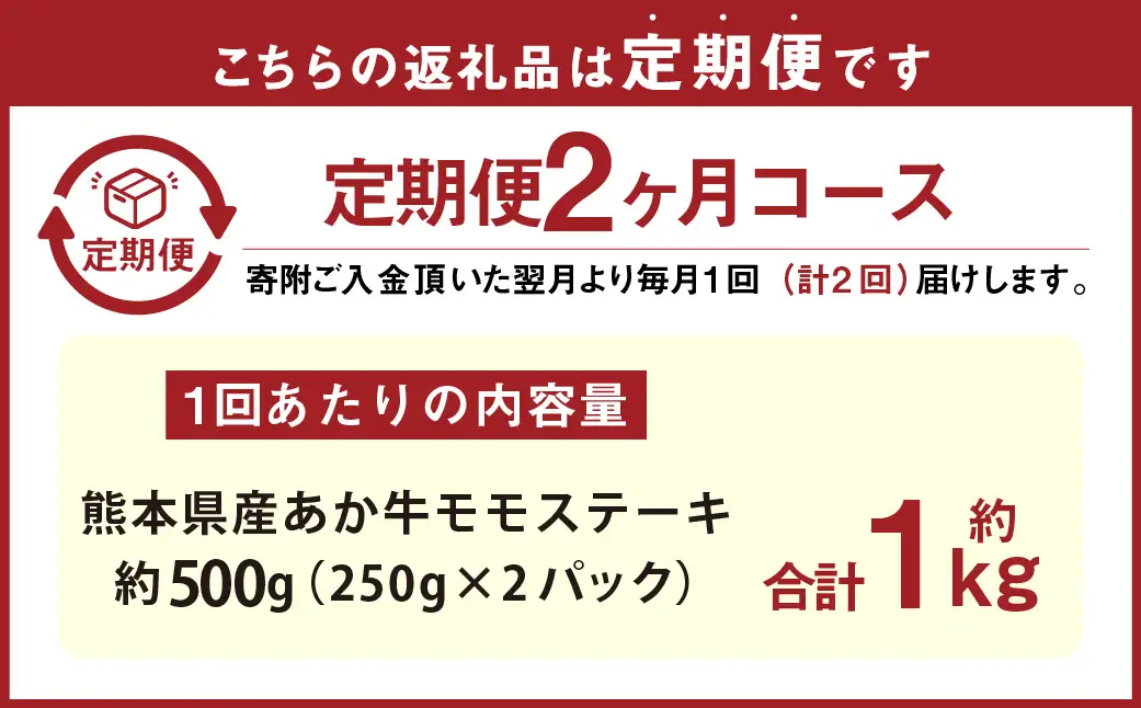 【2ヶ月定期便】 熊本県産 あか牛 モモ ステーキ 約500g （約250g×2パック） 合計1kg （約250g×4パック）牛肉 赤牛 もも 肉 お肉 モモ肉 赤身 赤身肉 和牛 国産 冷凍