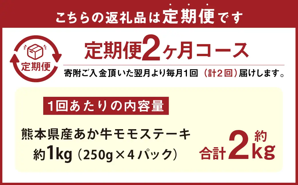 【2ヶ月定期便】熊本県産 あか牛 モモ ステーキ 約1kg （約250g×4パック） 合計約2kg （約250g×8パック）牛肉 赤牛 もも 肉 お肉 モモ肉 赤身 赤身肉 小分け 和牛 国産 冷凍