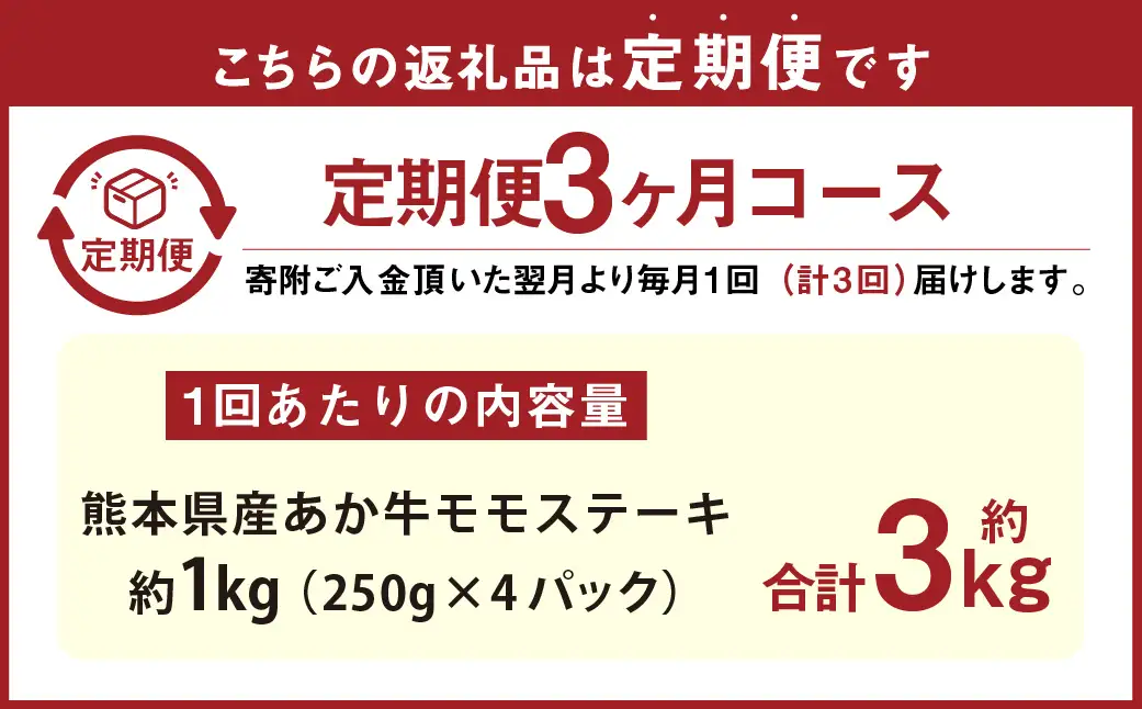 【3ヶ月定期便】熊本県産 あか牛 モモ ステーキ 約1kg （約250g×4パック） 合計約3kg （約250g×12パック）牛肉 赤牛 もも 肉 お肉 モモ肉 赤身 赤身肉 小分け 和牛 国産 冷凍