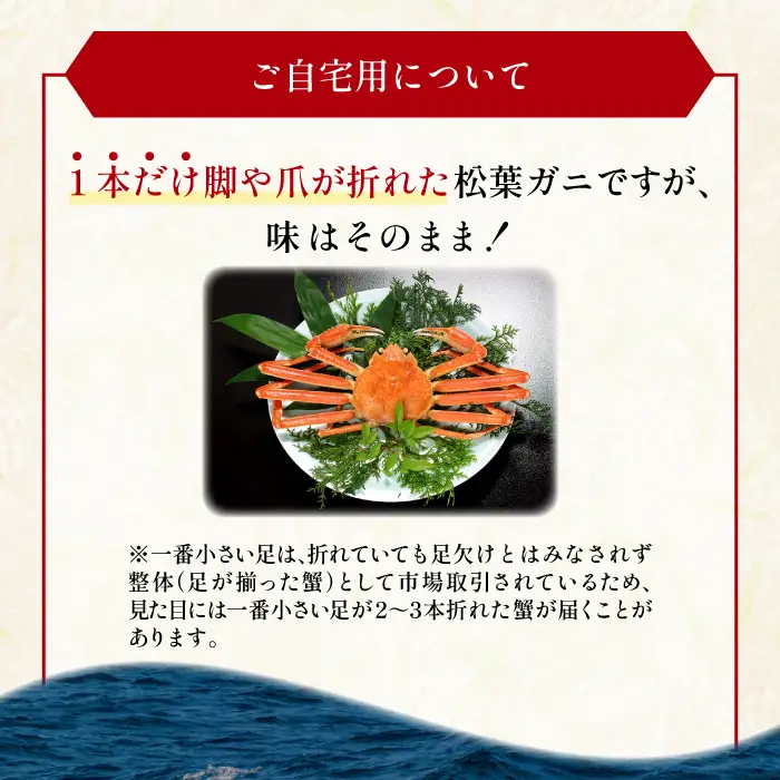 【蒸し】ご自宅用松葉ガニ 大 2枚【松葉ガニ 松葉がに 松葉蟹 まつばがに かに カニ 冷蔵 チルド ブランド ズワイガニ 蒸し ボイル 自宅用 国産 季節限定 お取り寄せ 鳥取県 日吉津村 日本海】