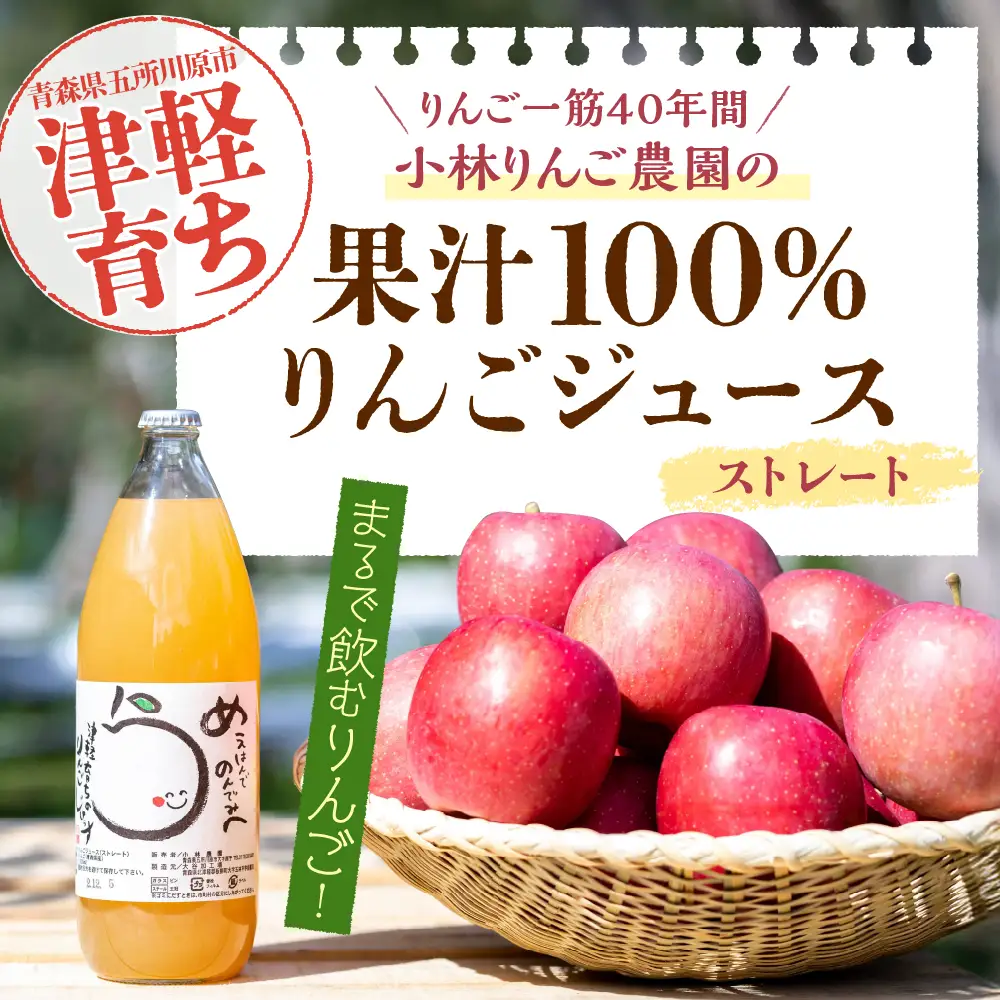 りんごジュース １L×2本【11月より順次発送】100％ストレート果汁 小林りんご農園