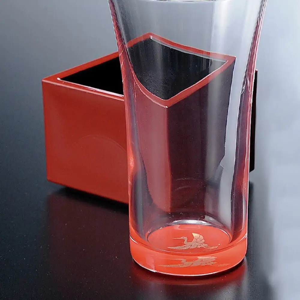 みよし漆器本舗 紀州塗り ぬりもん de Verre 一口グラス マスセット 赤（鶴） グラス：100ml／マス：90ml