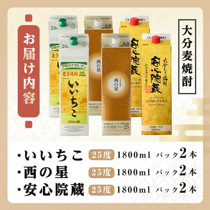 大分むぎ焼酎飲み比べセット(合計10.8L・1800ml×6本) 酒 お酒 むぎ焼酎 1800ml いいちこ 西の星 安心院蔵 麦焼酎 常温 飲み比べ セット【106105901】【酒のひろた】