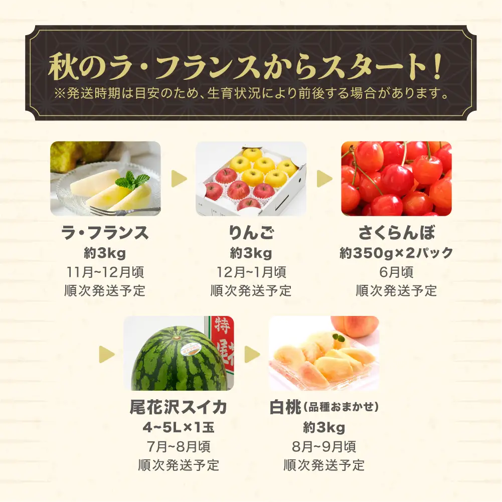 【全5回】フルーツ定期便  ラフランス りんご さくらんぼ 佐藤錦 尾花沢スイカ 桃 ns-ft5xx-a-a