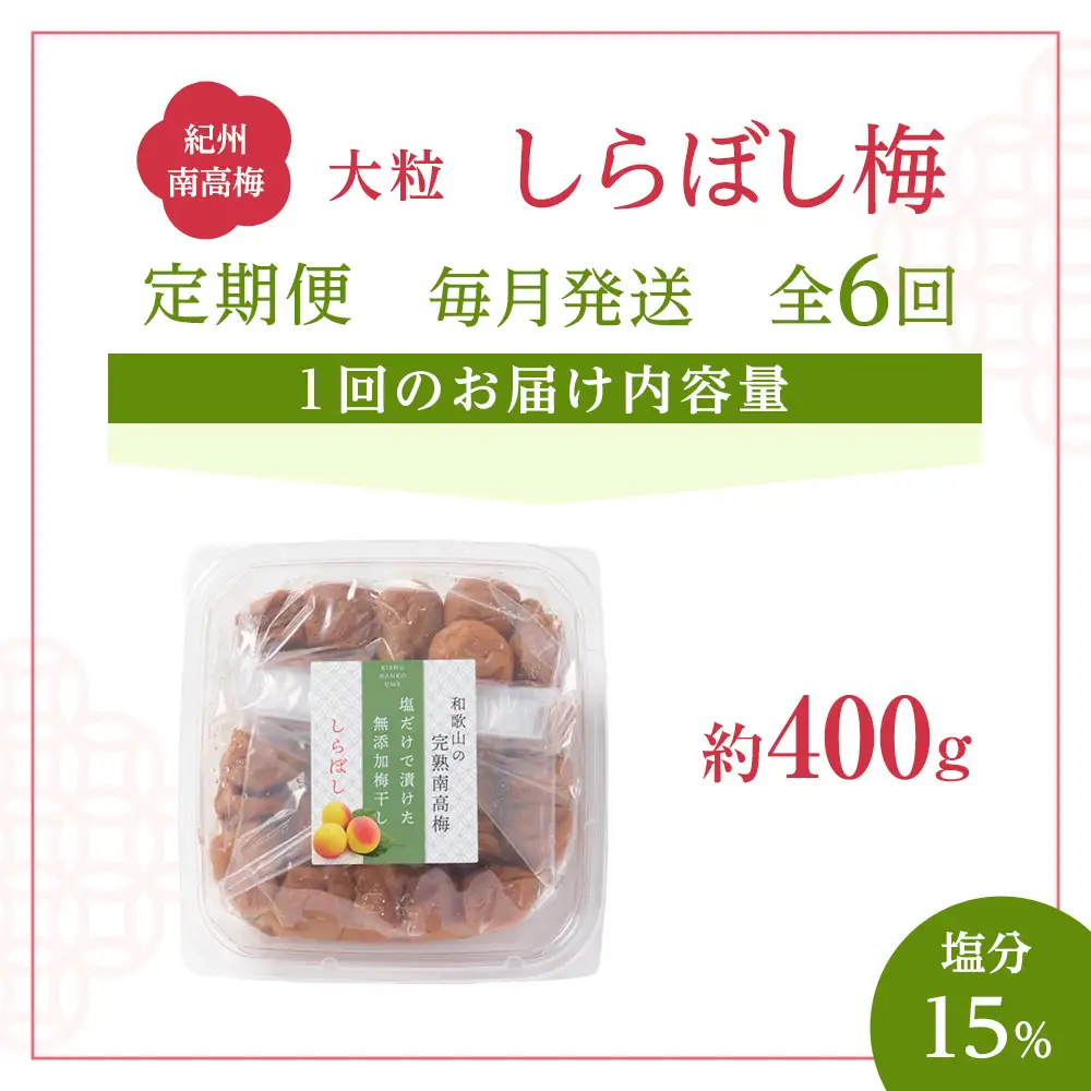 梅干し しらぼし梅 約400g 塩のみ 無添加 大粒 紀州南高梅 塩分約15％ 和歌山県産 [ 定期便 毎月発送・全6回 ]