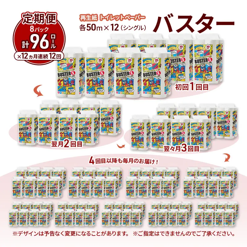 【12ヵ月 連続 定期便】トイレットペーパー バスター 12R シングル 50ｍ ×8パック 96個 ×12回 日用品 消耗品 114mm 柔らかい 無香料 芯 大容量 トイレット トイレ といれっとペーパー ふるさと 納税