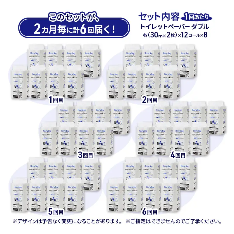 【2ヵ月毎 計6回お届け 定期便】トイレットペーパー ブランカ 12R ダブル （30ｍ×2枚）×8パック 96個 ×6回 日用品 消耗品 114mm 柔らかい 無香料 芯 大容量 トイレット トイレ といれっとペーパー ふるさと 納税