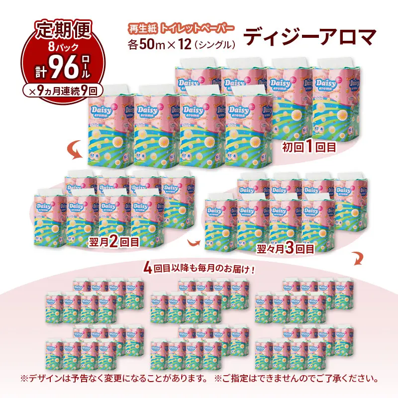 【9ヵ月 連続 定期便】トイレットペーパー ディジーアロマ 12R シングル 50ｍ ×8パック 96個 ×9回 日用品 消耗品 114mm ほのかな 香り 微香 芯 大容量 トイレット トイレ ふるさと 納税 