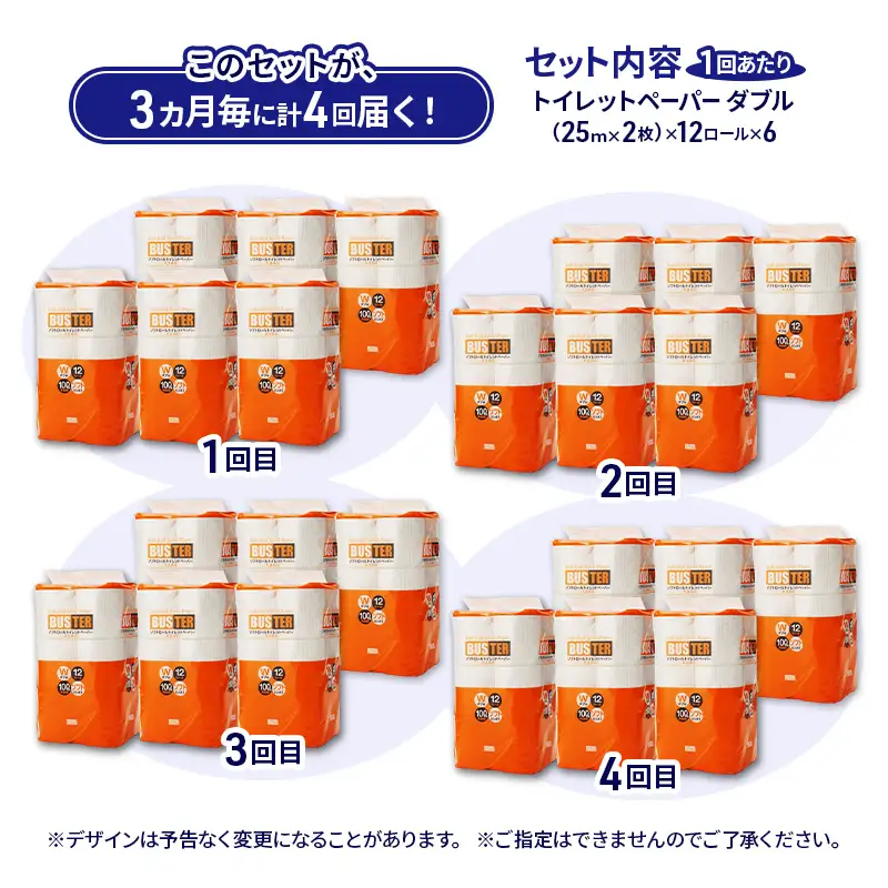【3ヵ月毎 計4回お届け 定期便】トイレットペーパー バスター 12R ダブル （25ｍ×2枚）×6パック 72個 ×4回 日用品 消耗品 114mm 柔らかい 無香料 芯 大容量 トイレット トイレ といれっとペーパー ふるさと 納税 
