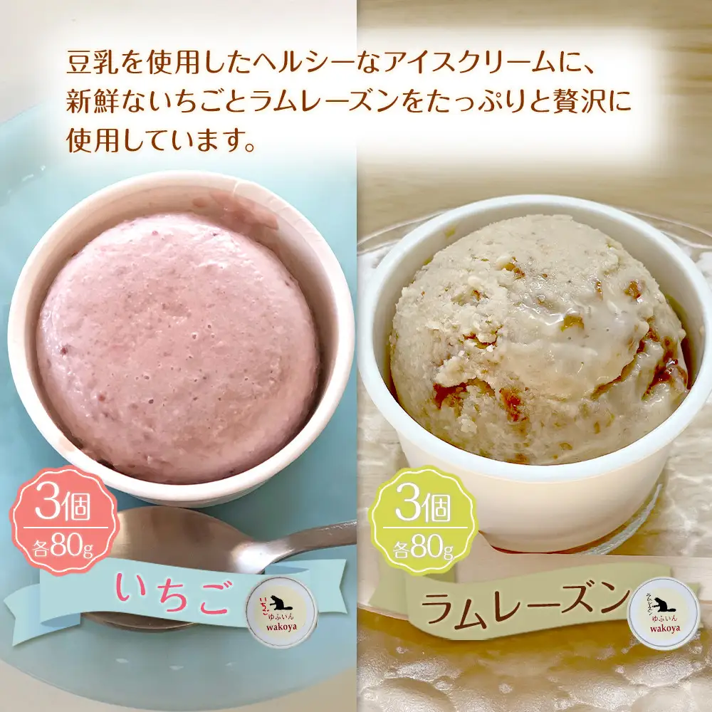 豆乳いちごアイス＆豆乳ラムレーズンアイスセット 約80g×各3個入り 計6個【ゆふいんwakoya】