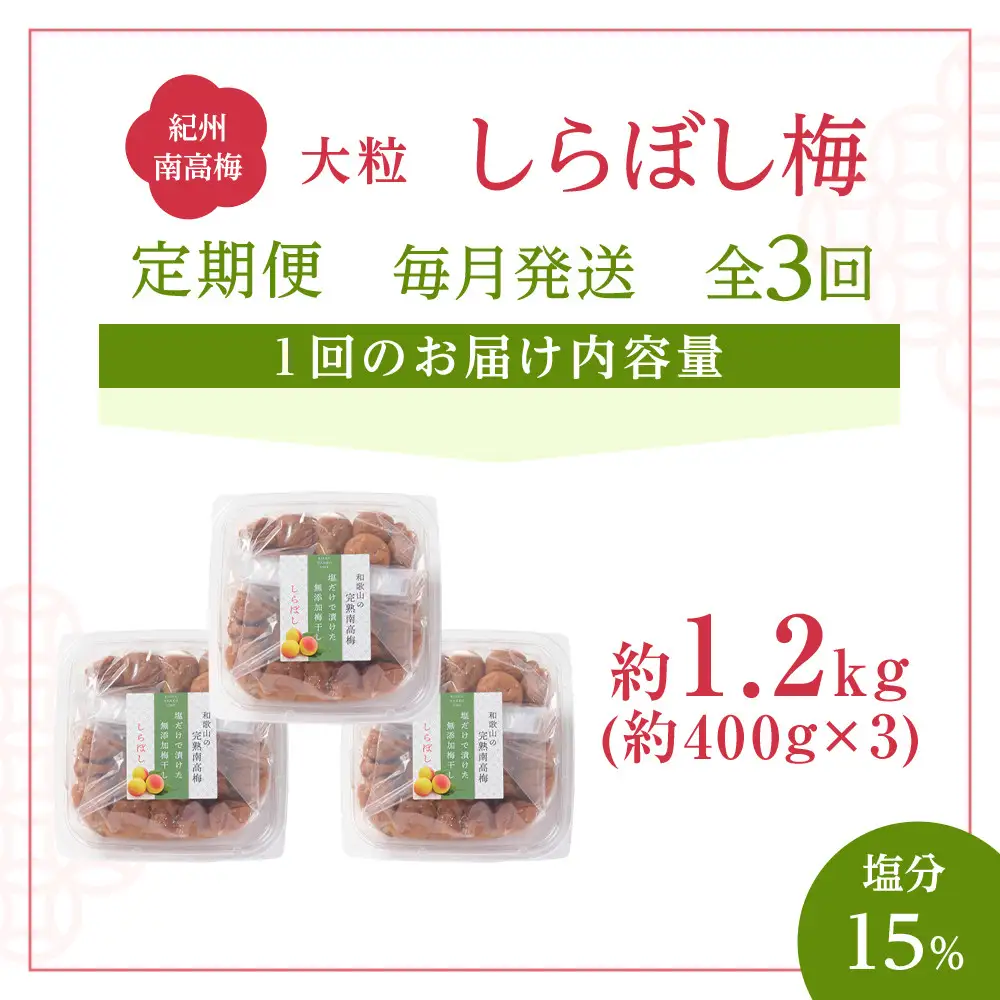 梅干し しらぼし梅 約1.2kg（約400g×3）塩のみ 無添加 大粒 紀州南高梅 塩分約15％ 和歌山県産 [ 定期便 毎月発送・全3回 ]