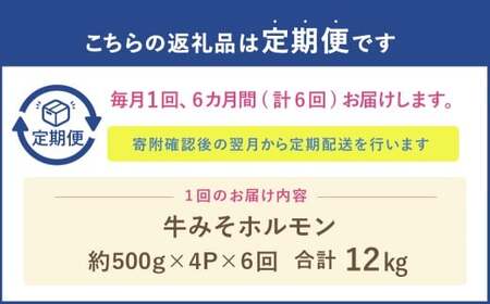 【定期便6回】 牛みそホルモン 1回あたり：計約2kg（約500g×4パック） 肉 お肉 ホルモン 焼肉 焼き肉 牛大腸 肉厚 冷凍