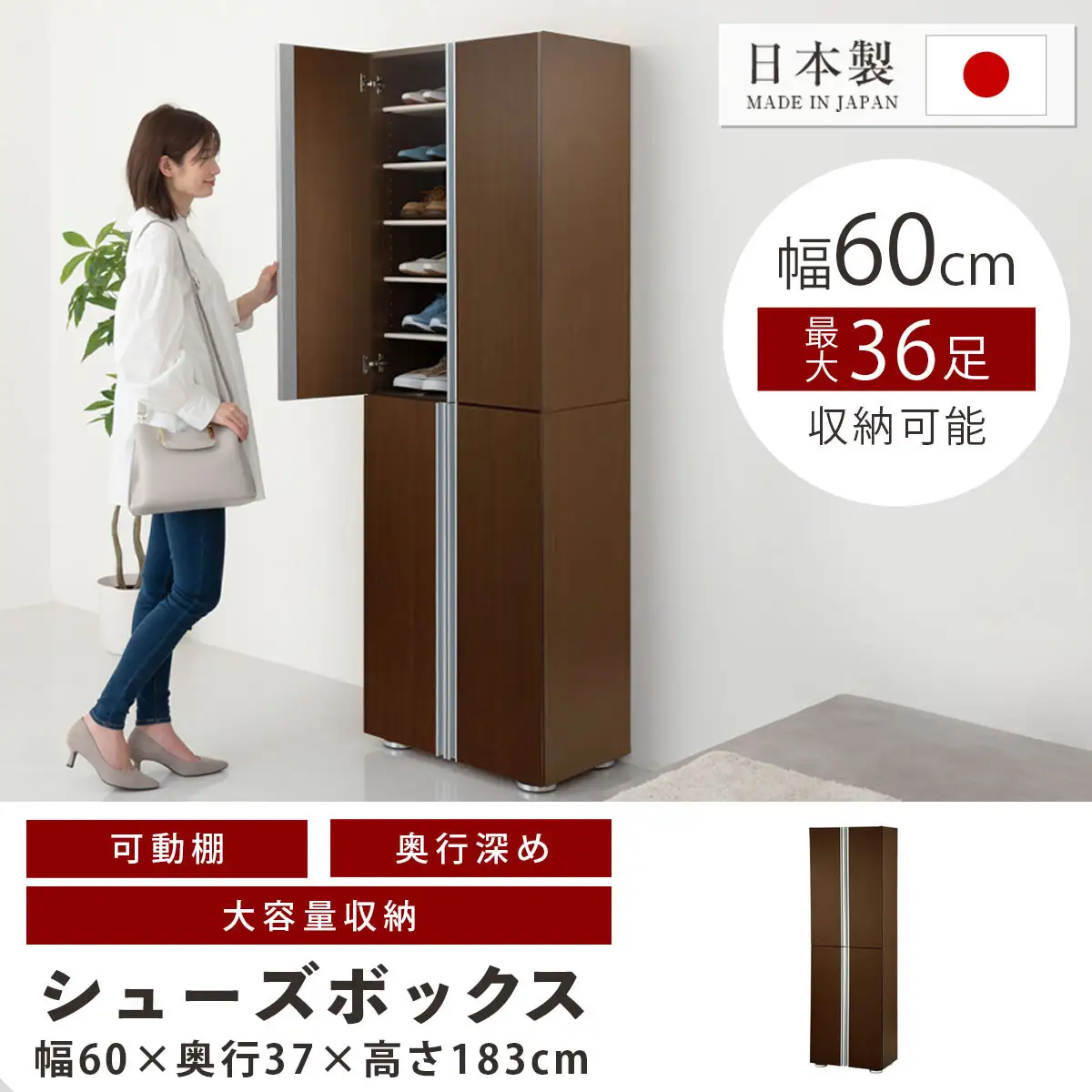 【完成品でお届け】シューズボックス ミラーなし幅60cm（ダークブラウン）シューズラック 扉付き スリム 12段 靴箱 大容量 木製 シューズボックス 縦長 靴収納棚 下駄箱 ブーツ おしゃれ SKANBM316000-0-DBR