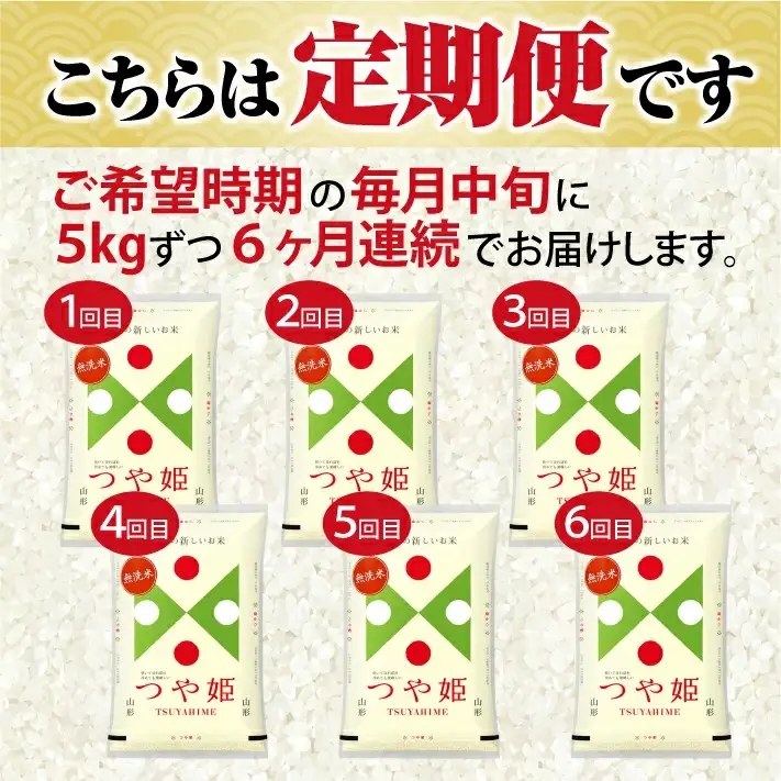 (2月～7月) ≪6ヶ月定期便≫ 無洗米 つや姫 5kg×6ヶ月連続 計30kg 山形県産 毎月中旬にお届け 東北 山形県 遊佐町 庄内地方 庄内平野 精米 白米 米 お米 ブランド米 ごはん ご飯 連続定期便 6回連続 小分け[1702T02]