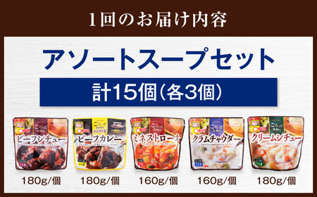 【全3回定期便】　San felice アソートスープセット 5種 計15袋 愛媛県大洲市/一般社団法人キタ・マネジメント（大洲まちの駅あさもや）スープ 常温 洋食 簡単調理 煮込み料理 備蓄食材[AGCP832]