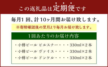 【10回定期便】 小樽ビール 6本セット（ ピルスナー ・ ヴァイス ・ ドンケル 各2本）×10回 計60本 ビール ドイツビール クラフトビール お酒 3種 詰め合わせ 飲み比べ セット 冷蔵