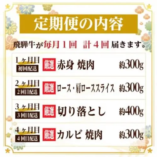 【毎月定期便】飛騨牛　厳選少なめ定期便　計1.3kg　カルビ・赤身(焼肉・BBQ用)ロース全4回【配送不可地域：離島】【4075147】