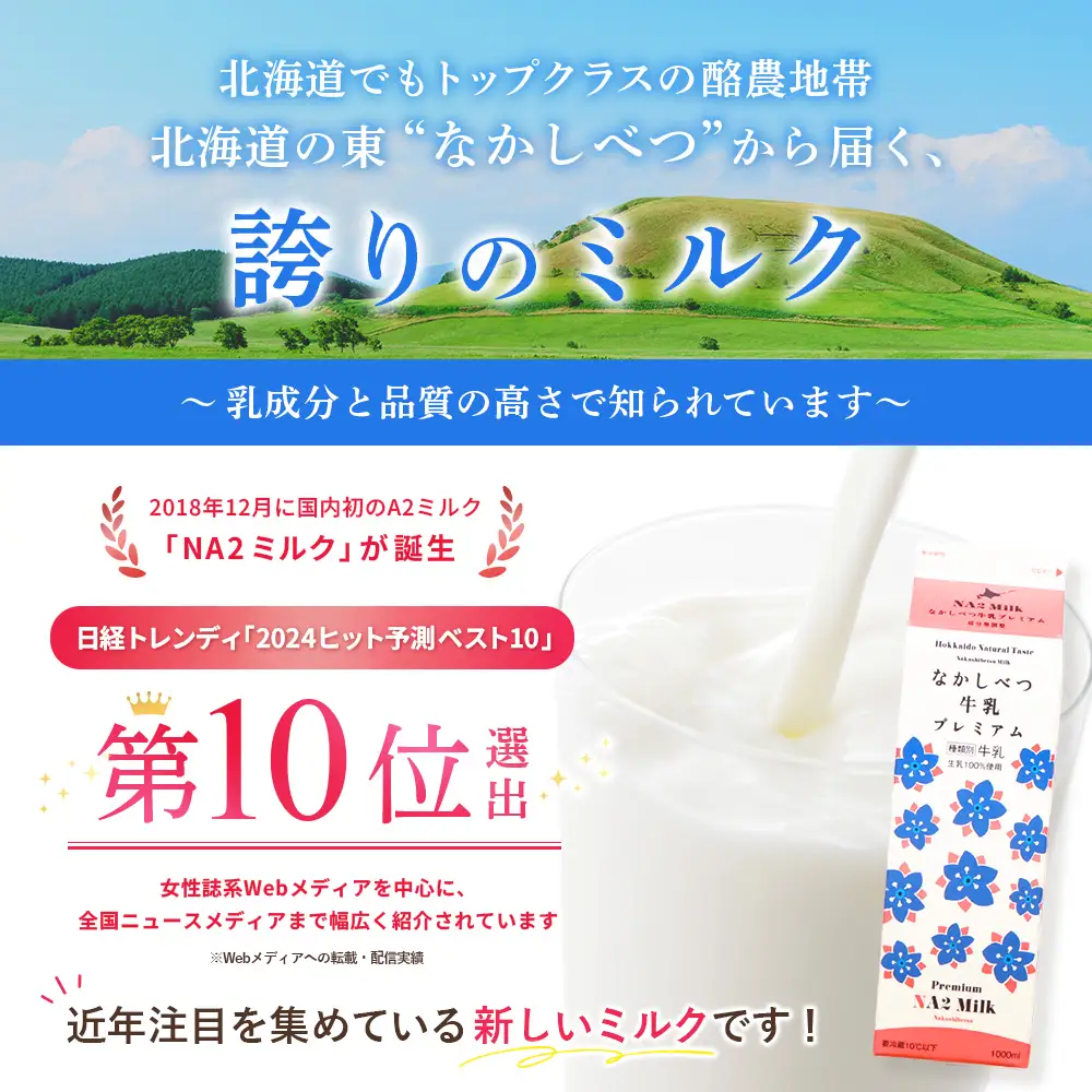 【定期便：全3回】なかしべつ牛乳プレミアム NA2 MILK 1000ml×6本【1405101】