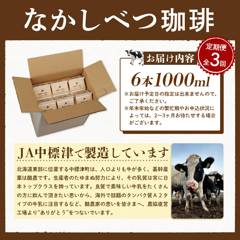 【定期便：全3回】北海道なかしべつ珈琲 1000ml×6本【1405301】