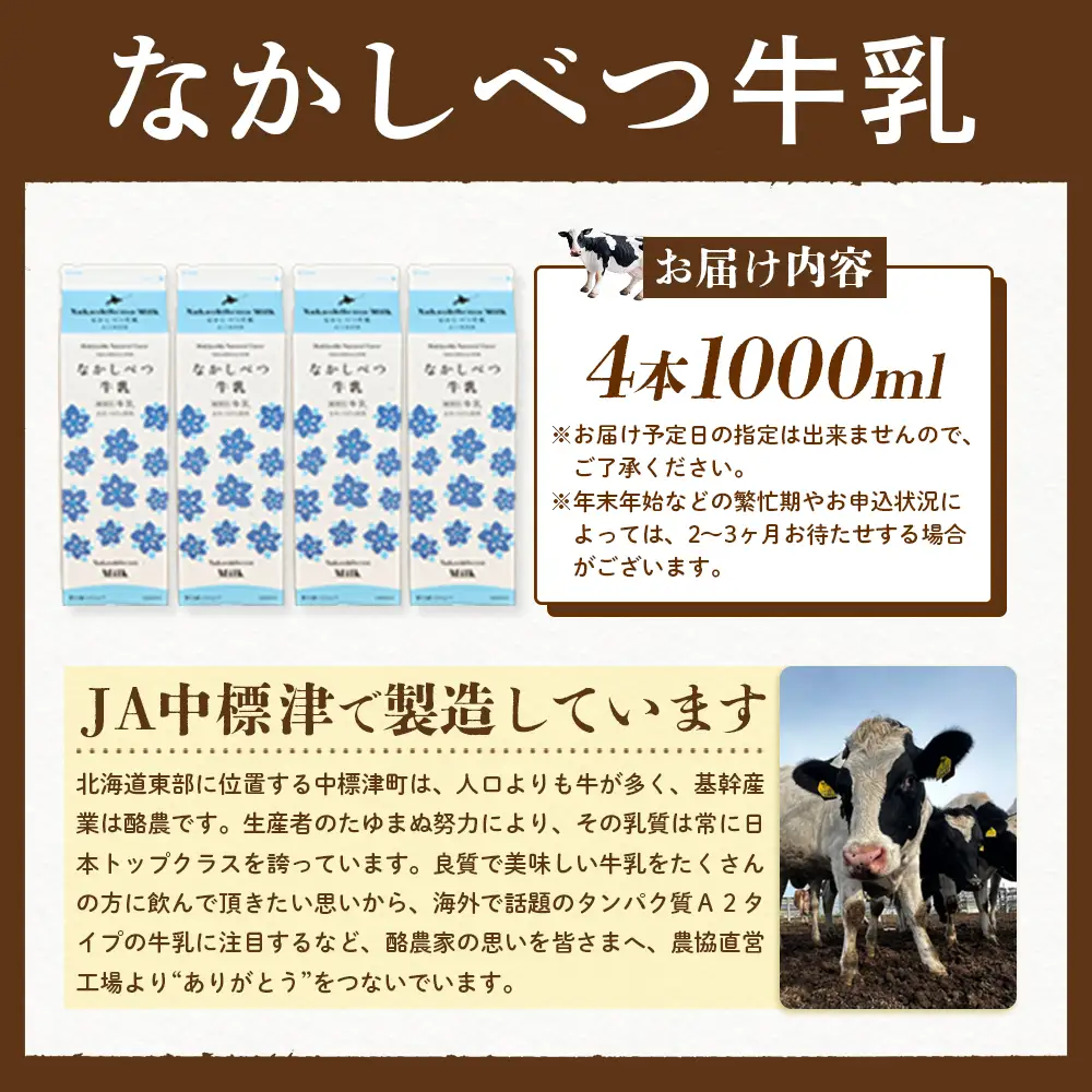 北海道なかしべつ牛乳 1L×4本【1405501】