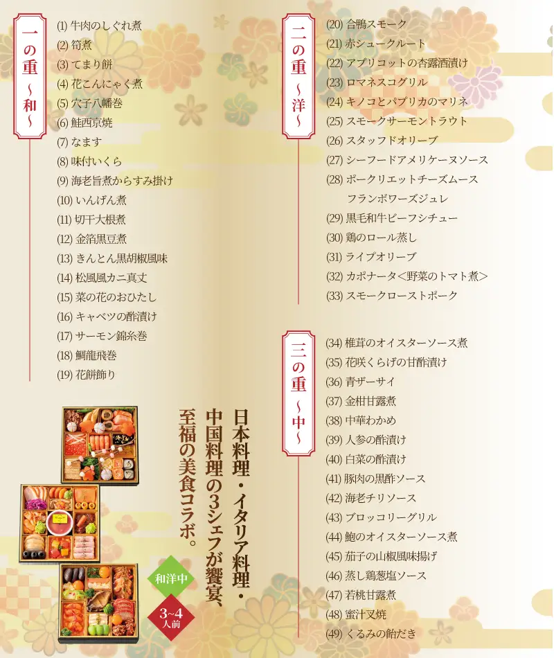 シェフコラボ 和洋中 おせち料理 三段重 髙島屋 3～4人前 日本料理 イタリア料理 中国料理 海鮮 肉料理 オードブル 豪華 3シェフ 至福 美食 盛付済み 冷蔵 期間限定 静岡県 富士市 [sf111-003]