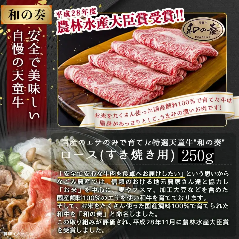 農林水産大臣賞受賞 特選 天童牛 和の奏 ロース すき焼き用 250g 山形牛 08-27-016