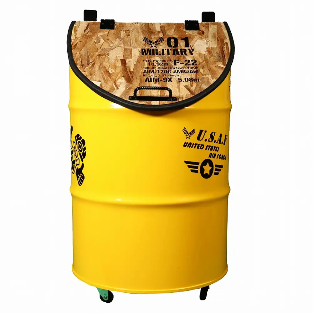 【大容量屋外用】SDGｓタテガタ トラッシュボックス　YELLOW ／ ゴミ箱 大容量 屋外 SDGs トラッシュボックス 大型 大きいサイズ キャスター付き ドラム缶 おしゃれ インダストリアル リサイクル 木材使用 大阪府 No.347-02